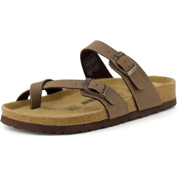 Womens cork footbed sandals slip on buckle faux leather platform summer shoes - Picture 1 of 7